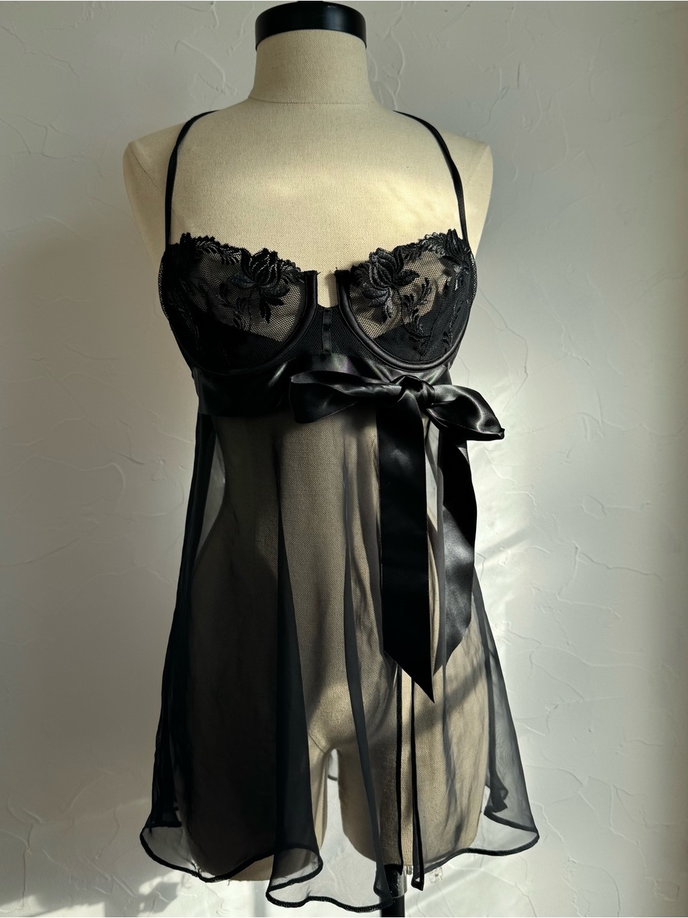 Victoria's Secret Black Sheer Lace Babydoll with Satin Bow